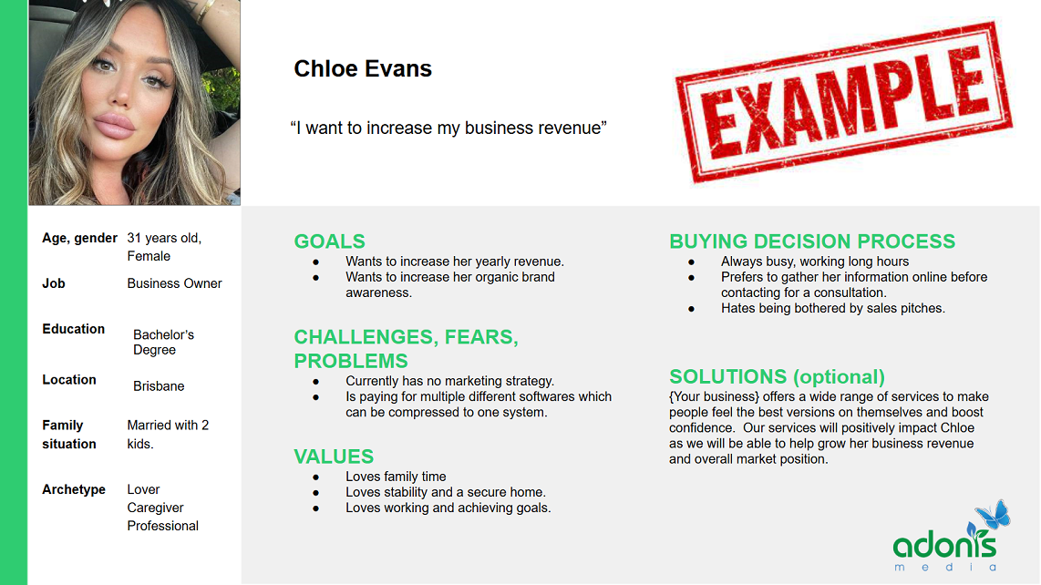 An example of customer/buyer persona maid by Adonis Media through our free template