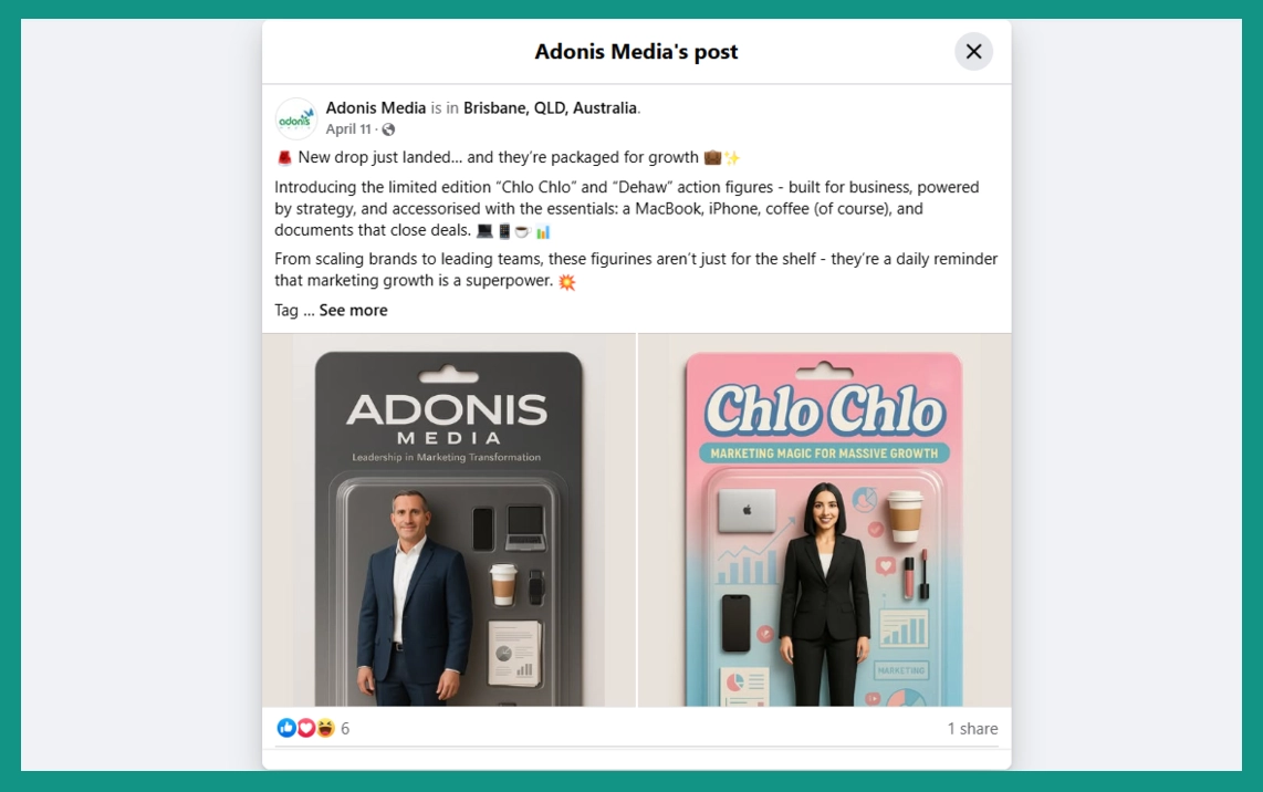 An Adonis Media Facebook post about Derek and Chloe Buntin's AI-Generated action figures