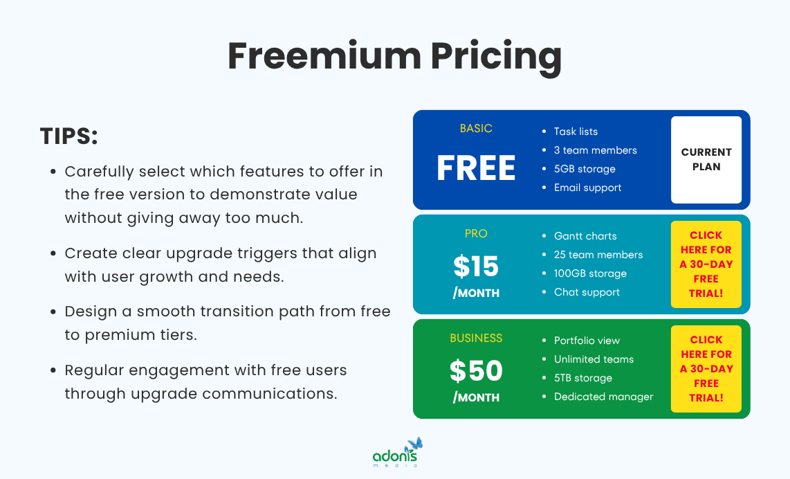 An illustration of freemium pricing as a psychological pricing (Basic plan for FREE, Pro for $15/month, and Business for $50/month) and helpful tips to implement it