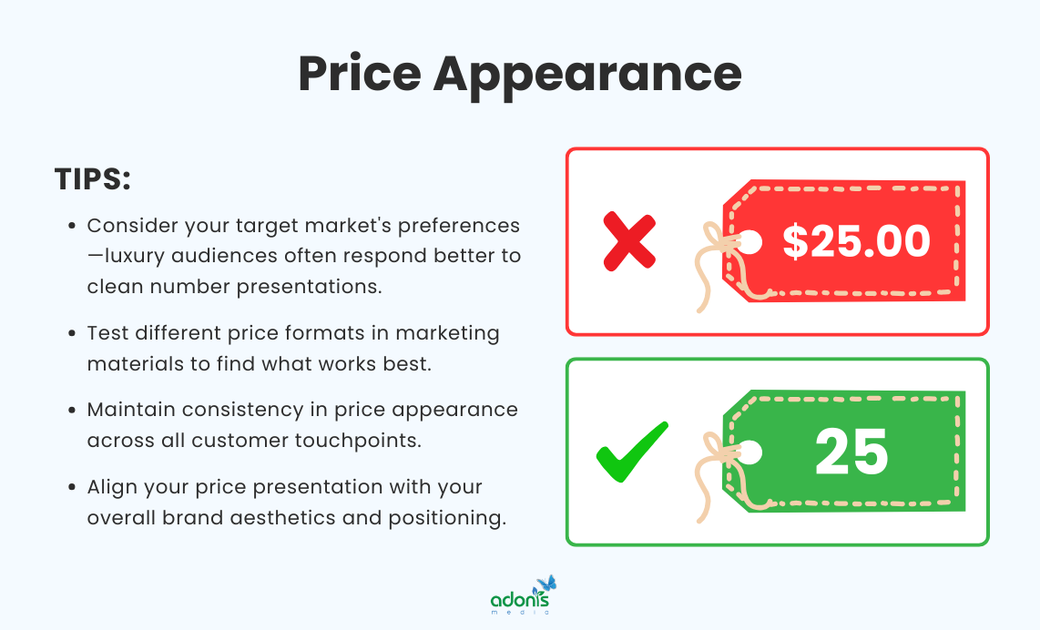 An illustration of price appearance as a psychological pricing ($25.00 vs. 25) and helpful tips to implement it