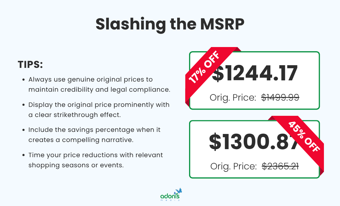 An illustration of slashing the MSRP as a psychological pricing ($1244.17 due to 17% off, original price is $1499.99 with strikethrough effect) and helpful tips to implement it