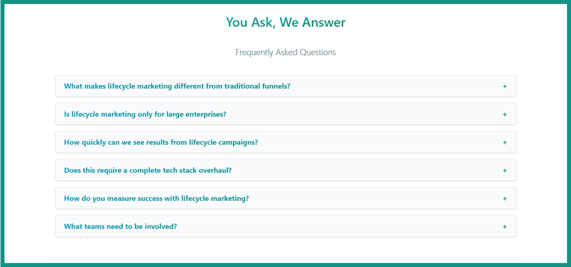 Adonis Media Lifecycle Marketing landing page, emphasising FAQ section as objection handlers