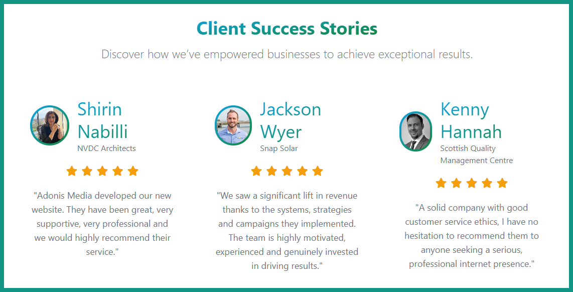 Adonis Media Lifecycle Marketing landing page, emphasising social proof or trust signals