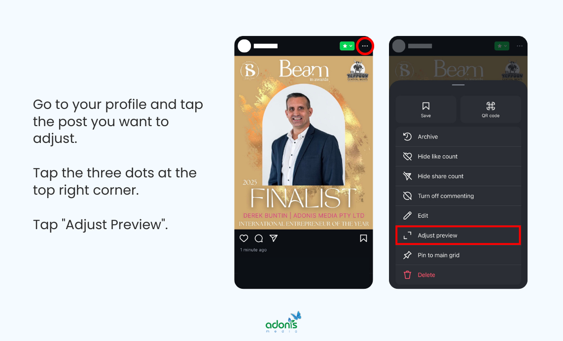 Adjusting the grid preview of a post: click the three dots at the top right corner then click