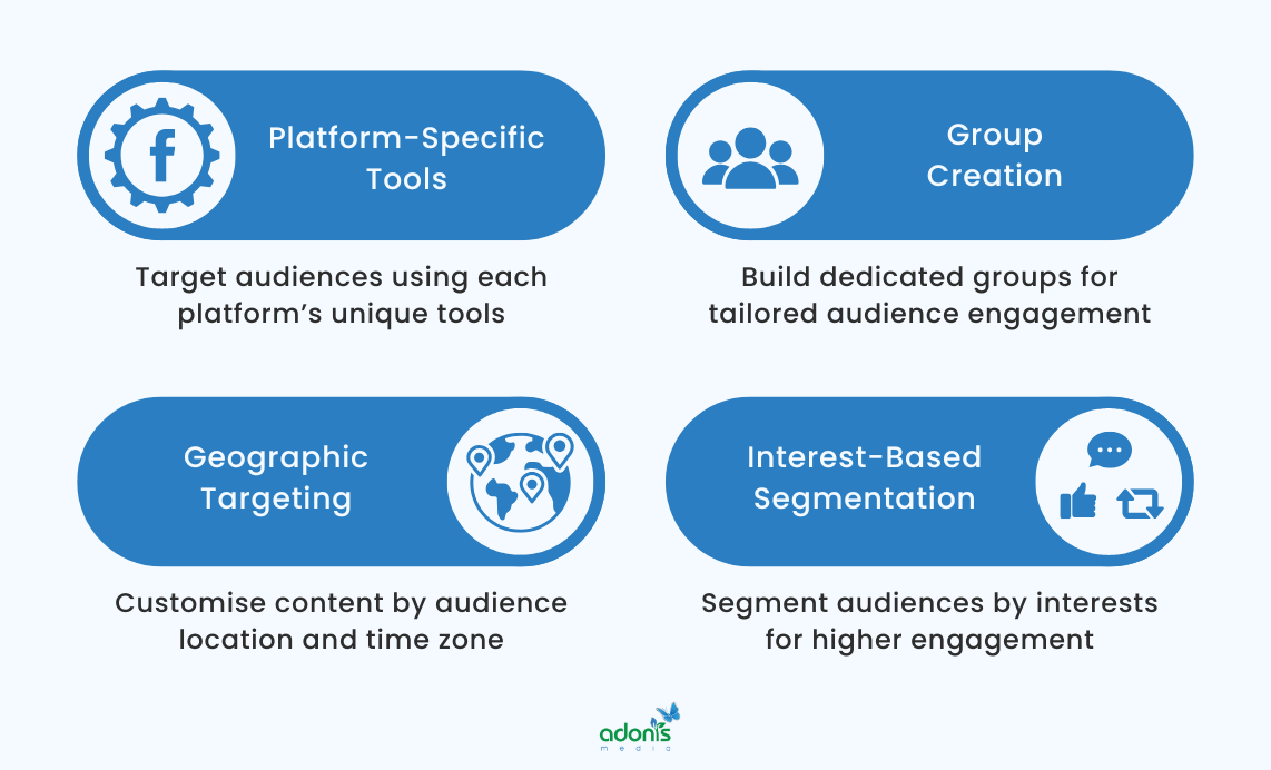 Audience segmentation techniques: platform-specific tools, group creation, geographic targeting, and internet-based segmentation