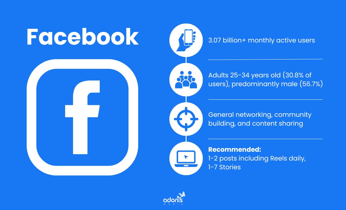 Facebook: number of users, type of audience, platform's focus, and posting frequency