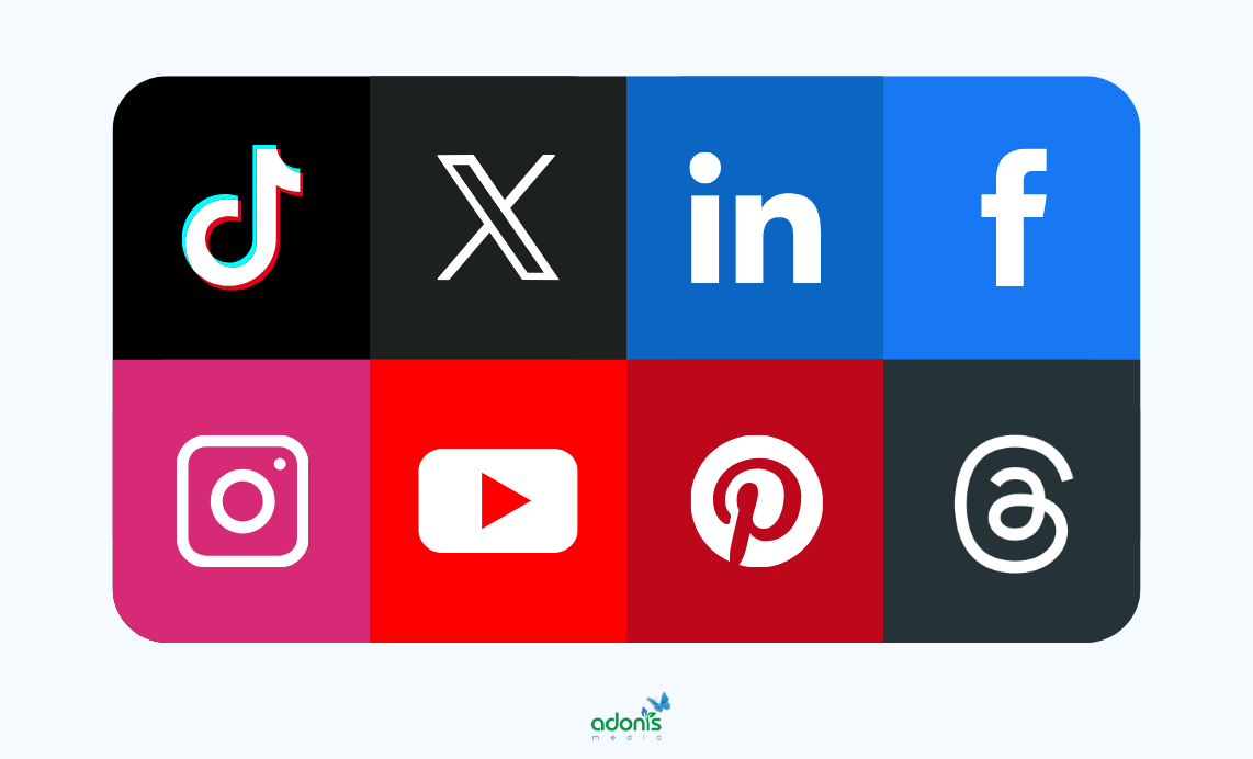 8 social media marketing platforms (TikTok, X, LinkedIn, Facebook, Instagram, YouTube, Pinterest, Threads)