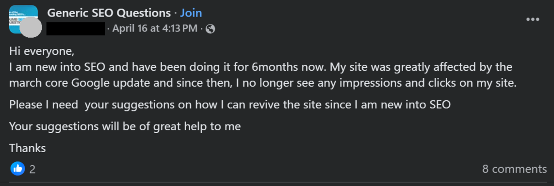 A question from a Facebook user about SEO in a Facebook group