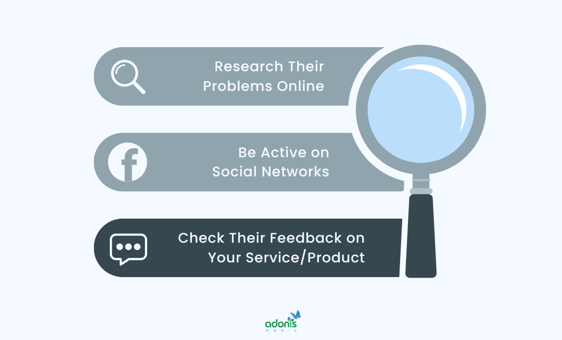 How to source problems, 3 points presented with a big magnifying glass