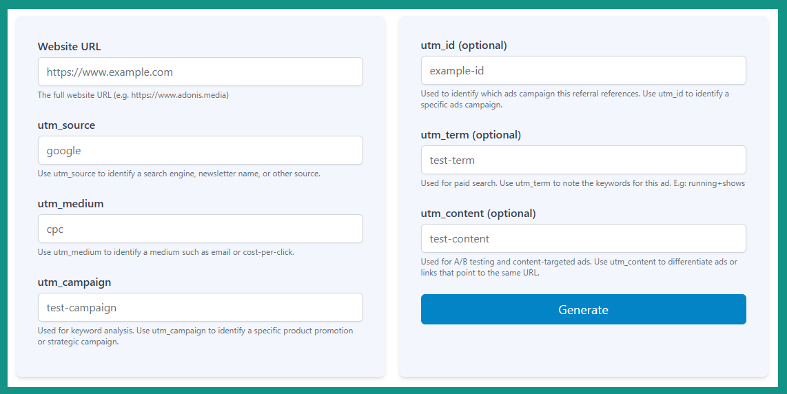 Adonis Media UTM Code Generator inputs