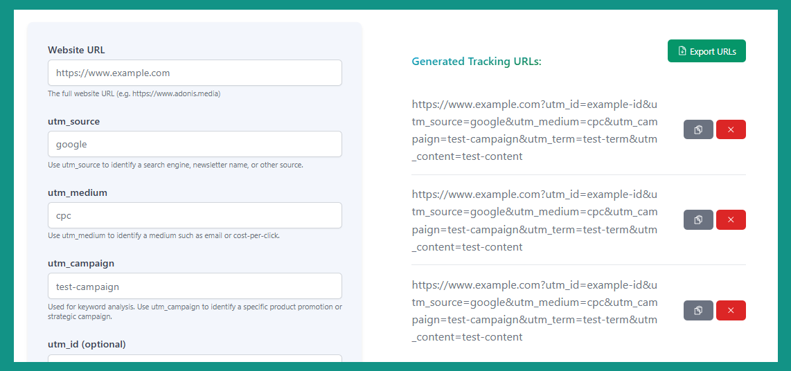 Adonis Media UTM Code Generator outputs (tracking links)